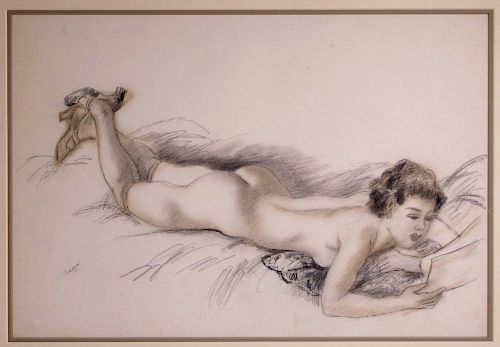 Emil Ganso Drawing of Recumbent Nude Reading