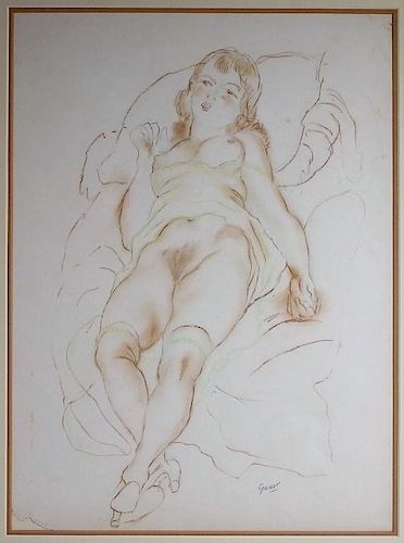 Emil Ganso Crayon Drawing of Reclining Nude