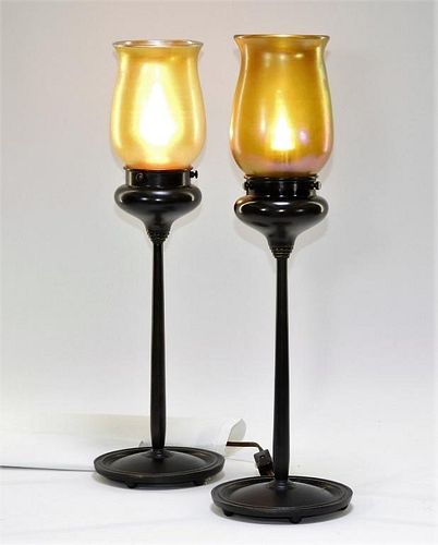 Attrib. Lundberg Studios Art Glass Bronze Lamps