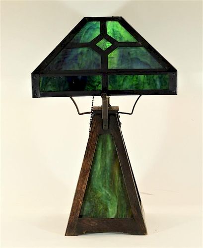 American Arts & Crafts Mission Oak Slag Glass Lamp