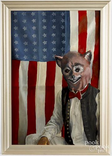 Ann Brelsford McCoy (American b. 1940), oil on canvas of a gentleman with a fox mask, signed lower l