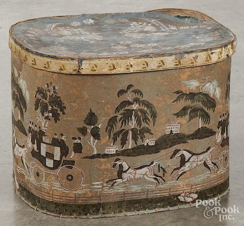 New England wallpaper hat box, mid 19th c., with a coaching scene, 15'' x 18''.