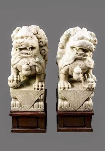 Large Chinese Hand Carved White Granite Fu Dogs