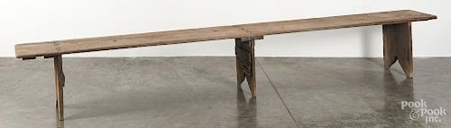 Large mortised pine meeting house bench, 19th c., 17 1/2'' h., 125'' w.