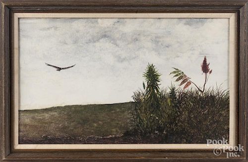 Jimmy Lynch (American 1950-2013), watercolor and gouache landscape with bird in flight, 18'' x 30''.