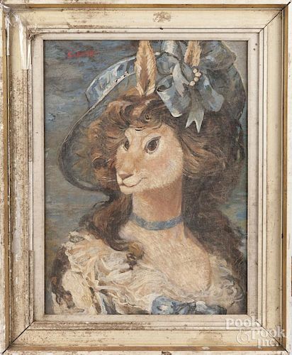 Oil on canvas of a female hare in sunbonnet, signed Schmitt, 24'' x 18''. Provenance: given to Frolic