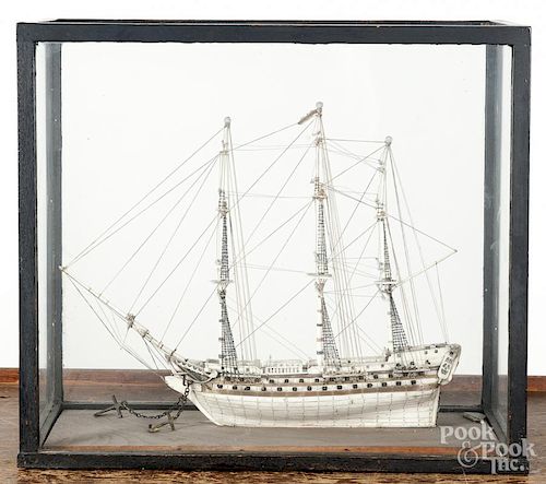 Napoleonic Prisoner of War bone ship model, early 19th c., 13'' h., 15 1/2'' l.