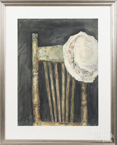 Nancy Fullington (American 20th c.), watercolor of a hat and chair, signed lower left, 28'' x 21''.
