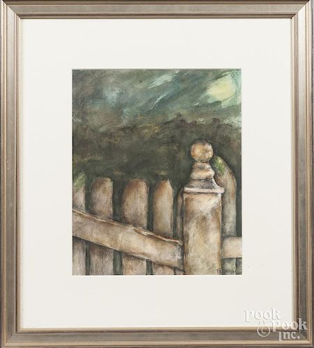 Nancy Fullington (American 20th c.), watercolor of a picket fence, signed lower right, 13'' x 11''.