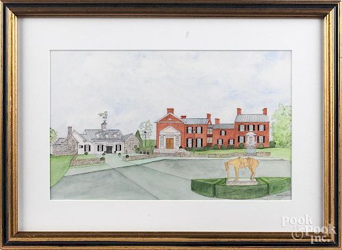 Barbara Bellin (American 20th c.), ink and watercolor of the National Sporting Library and Museum, Middleburg, Virginia, sign
