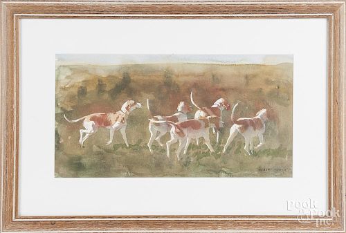 Robert Stack (American b. 1961), watercolor and gouache of five hounds, signed lower right, 10'' x 19