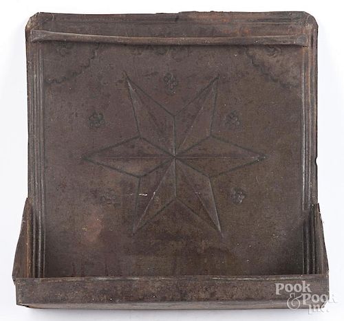 Punched tin pipe holder, 19th c., with star decoration, 14 1/4'' h., 14'' w.