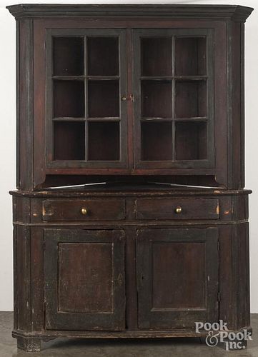 Pennsylvania pine two-part corner cupboard, ca. 1800, 83'' h., 58'' w.
