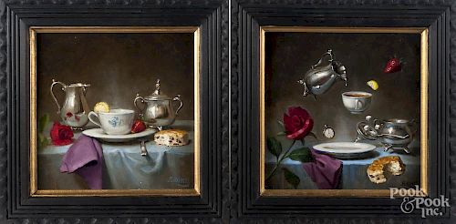 William Ewing III (American 20th c.), pair of oil on board still life's, signed lower right, 12'' x 1