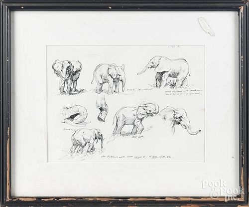 Four works, to include an ink study of elephants by Robin Hin, watercolor birds in flight by James D