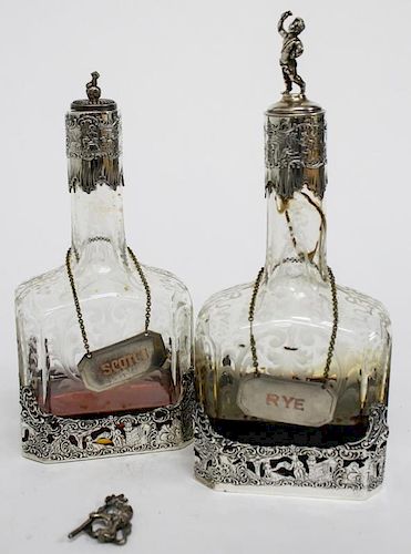 2 German Sterling Silver & Glass Decanters