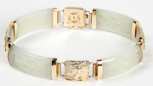 Jade and Gold Bracelet, marked 14k