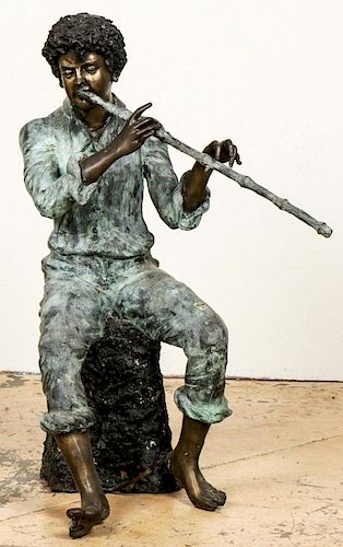 Gilt Bronze and Verdigris Statue of Flute Player