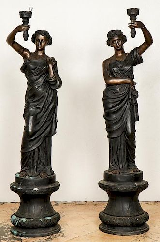 Pair of Life-Size Bronze Statues: Woman with Torch on Pedestal