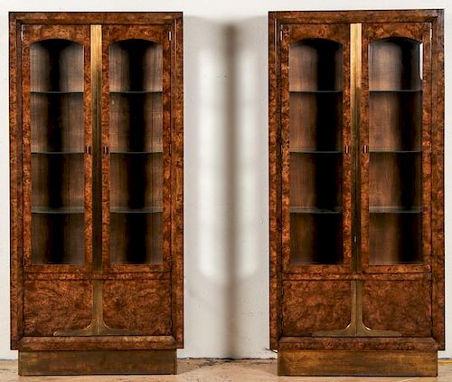 Pair of Tall Baker Burl Wood Veneer Glass Display Cabinets