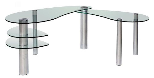 MODERN CHROMED STEEL GLASS TOP DESK & SIDE TABLE
