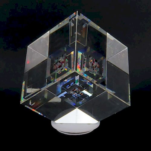 Jon Kuhn, American (B. 1949) Glass Cube Sculpture "Crimson Night".
