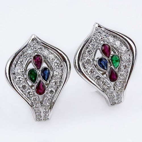 Cartier Diamond, Ruby, Emerald, Sapphire and 18 Karat White Gold Earrings.