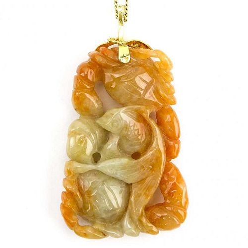 Vintage Chinese Carved Celadon to Russet Jade Pendant Necklace with 14 Karat Yellow Gold Chain.