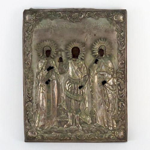 18th Century Russian Hand Painted Russian Icon On Wood With Silvered Metal Overlay.