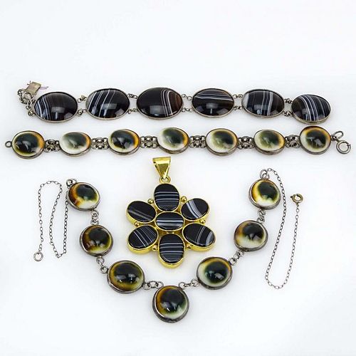 Vintage Cats Eye Operculum Shell and Silver Bracelet and Necklace Suite; Agate and Silver Bracelet and Agate and Gold Tone Me