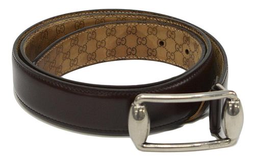 GUCCI BROWN LEATHER & SILVER TONE BELT