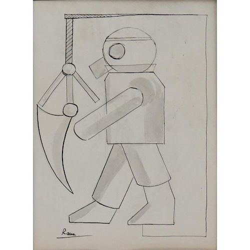 Attributed to Ruggero Alfredo Michahelles, Italian (1898 - 1976) Ink and wash on paper "Futuristic Figure" Signed RAM.
