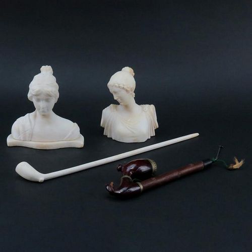 Grouping of Four (4) Tableware. Includes two classical Grecian alabaster bust figures, black forest style pipe, and ceramic p
