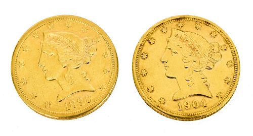 (2) U.S. $5 DOLLAR LIBERTY GOLD COINS 1898 &1904