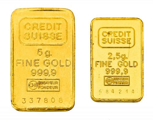 (2) CREDIT SUISSE GOLD BARS, 7.5 GRAMS TOTAL