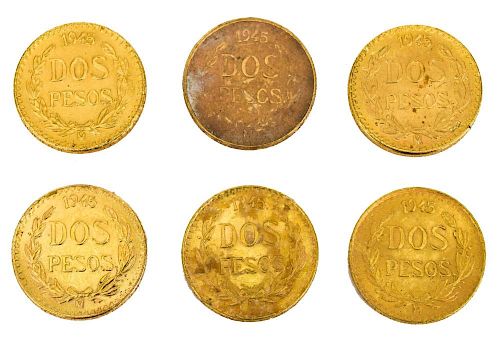 (6) MEXICO 1945 DOS PESOS GOLD COINS