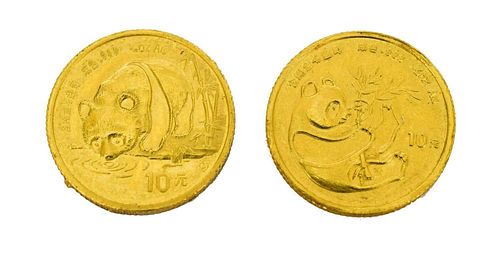 (2) CHINESE GOLD PANDA COINS, 1/10 OUNCE GOLD