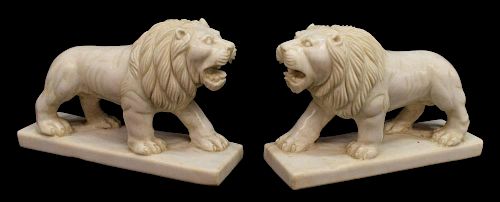 (2) CARVED WHITE MARBLE LION SCULPTURES