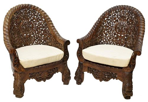 (PAIR) CARVED PIERCED ANGLO-INDIAN TEAK ARMCHAIRS