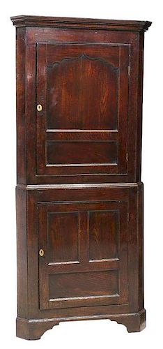 EARLY ENGLISH TWO PART CORNER CUPBOARD, 18TH C.