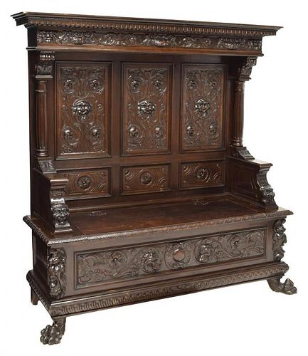RENAISSANCE REVIVAL HIGHLY CARVED HALL BENCH