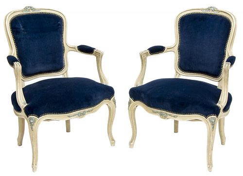 (2) LOUIS XV STYLE UPHOLSTERED ARMCHAIRS