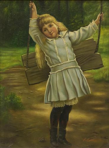 FRAMED PAINTING ON BOARD, GIRL ON SWING, SIGNED