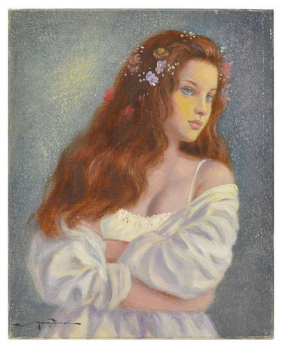 UNFRAMED PAINTING, YOUNG WOMAN WITH FLOWERS