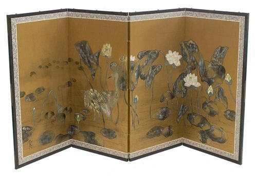 JAPANESE PAINTED SILK FOUR-PANEL SCREEN