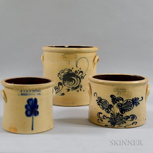 Three Cobalt Floral-decorated Stoneware Crocks