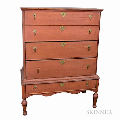 Early Red-painted Pine Two-drawer Blanket Chest-on-stand