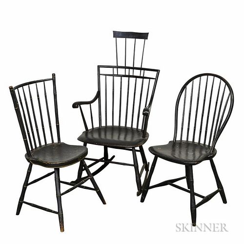 Three Black-painted Windsor Chairs