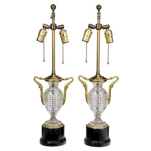 Pair Empire Style Gilt Bronze Cut Crystal Lamps
