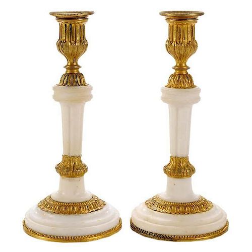 Pair Louis XVI Style Ormolu Marble Candlesticks